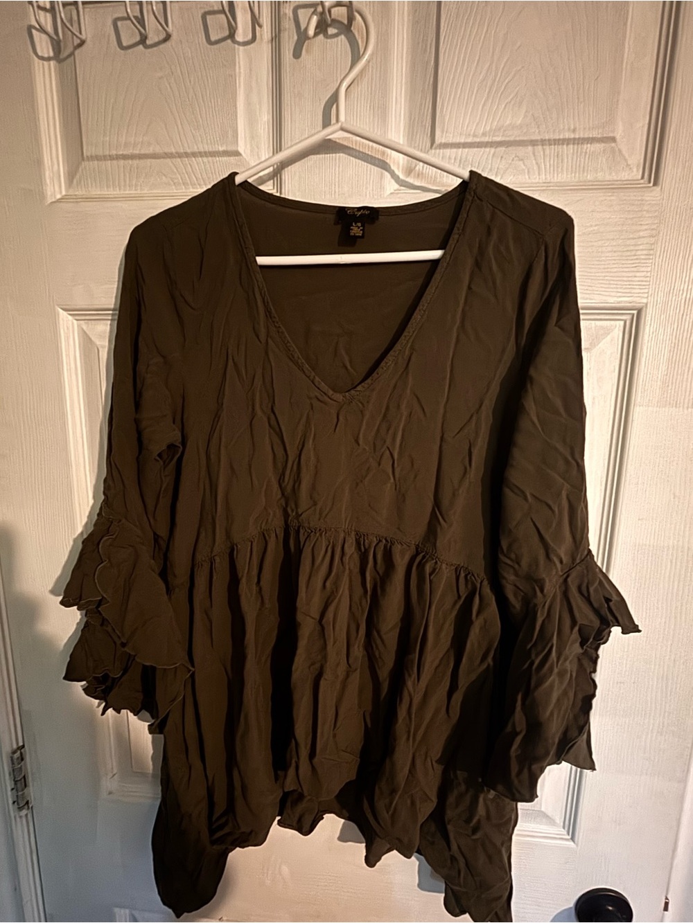 Cupio Olive V-Neck Ruffle Sleeve Tunic Top